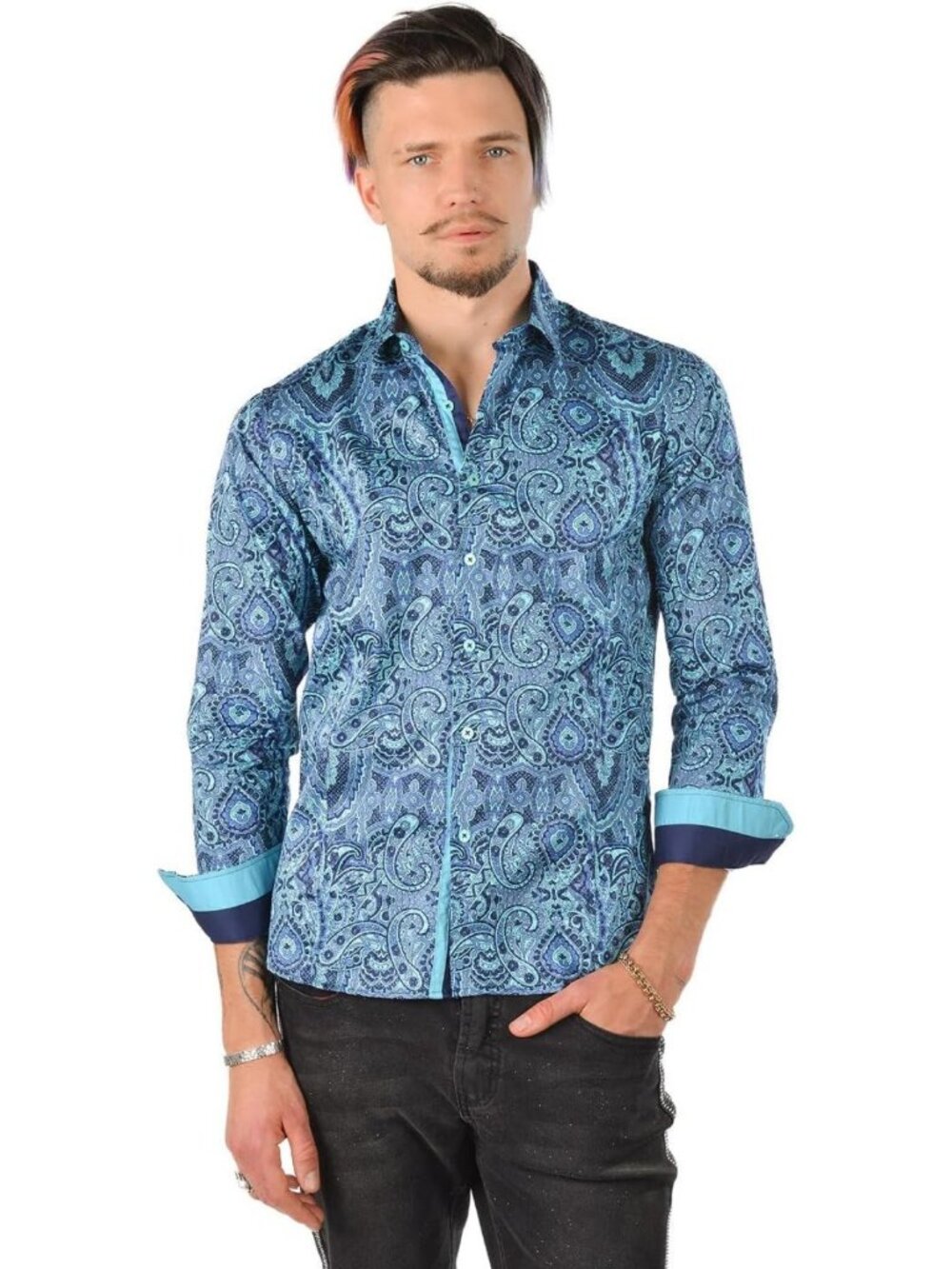 Stylish Men's Green Paisley Button Down Shirt - Trendy El Chapo Design, Size L